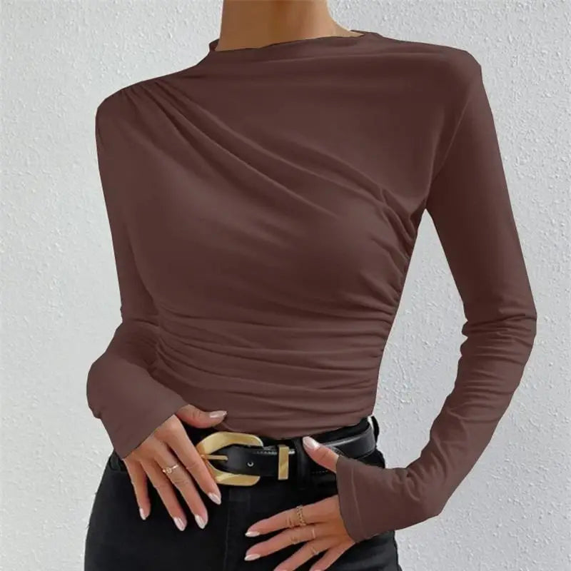 Women's Pleated Long Sleeve T-Shirt Bodycon Fit Polyester Spandex Blend Drawstring Closure  Color European Style Top