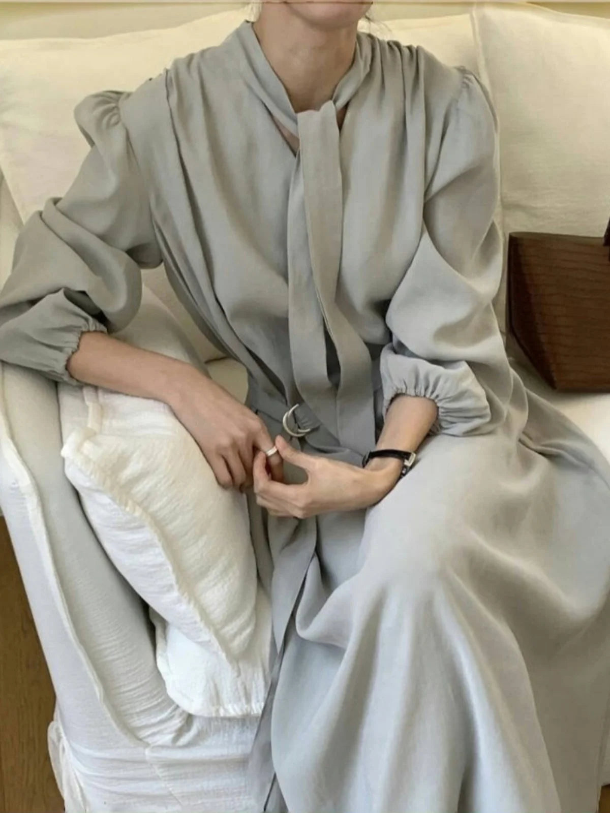 Ele Long Dr Women's Autumn High-End Sensation Lazy Sle Clavicle Exposure Waist Belt Vintage Drifting Belt Dr
