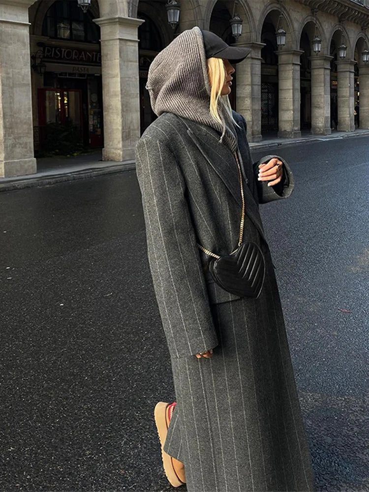 Vintage Women's Striped Woolen Overcoat Long Sleeve Fashion Lapel Oversized Coat 2025 Autumn Winter Commute Jacket for Ladies