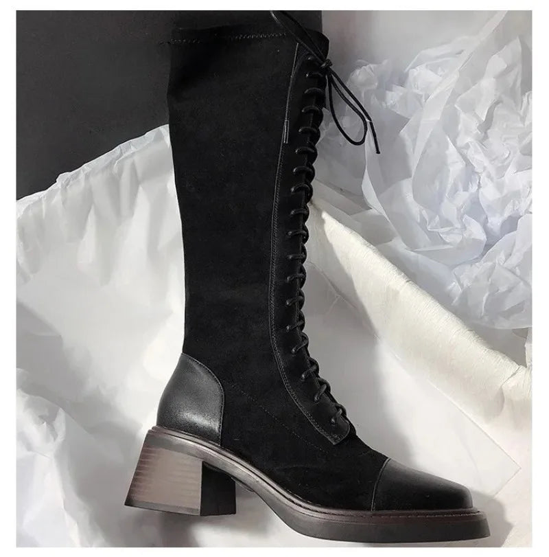 Women's Knee-high Boots High Quality Suede Leather Boot Lace Up Slim Long Tube Boots Knee-high Chelsea Boot Women Fashion Boots