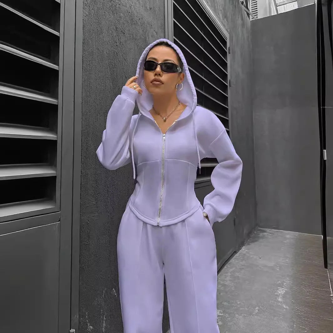 Sweatshirt Two-piece Set Women's Casual Sports Suit Spring Autumn Zip-up Slim Hoodies Short Coat Straight Trousers 2-piece Sets