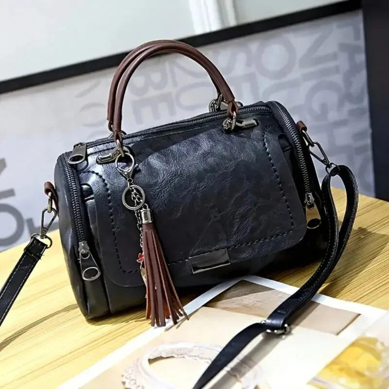 Tassel Detail Women’s Large Capacity Shoulder Bag – Fashion Zipper Crossbody with Removable Strap (Boston Style)