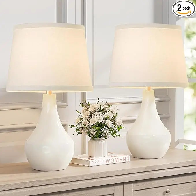 Seealle Modern Ceramic Table Lamps for Night Stands - Bedside Lamps Set of 2 for Nightstand, 19.4" White Bedroom Lamp for Living