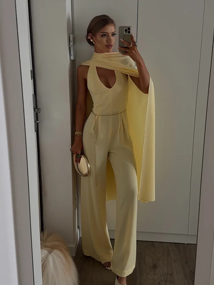 Elegant Solid Jumpsuit Scarf Set Women Street Sleeveless V-neck Jumpsuits Long Pants Female 2025 Fashion Summer Fall Lady Suits