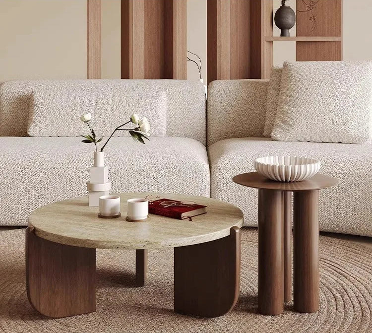 Wabi Sandy Wind Solid Wood Travertine Coffee Table Minimalist Small Tea Table Small Apartment Living Room Household Round Balcon