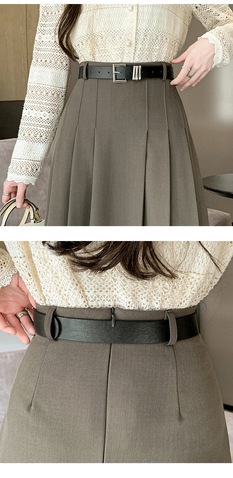 [EWQ] Elegant Solid Color Mid-Length All Match Skirt For Women 2026 Spring Summer Loose High Waist A-Line Pleated Skirts 16O9169