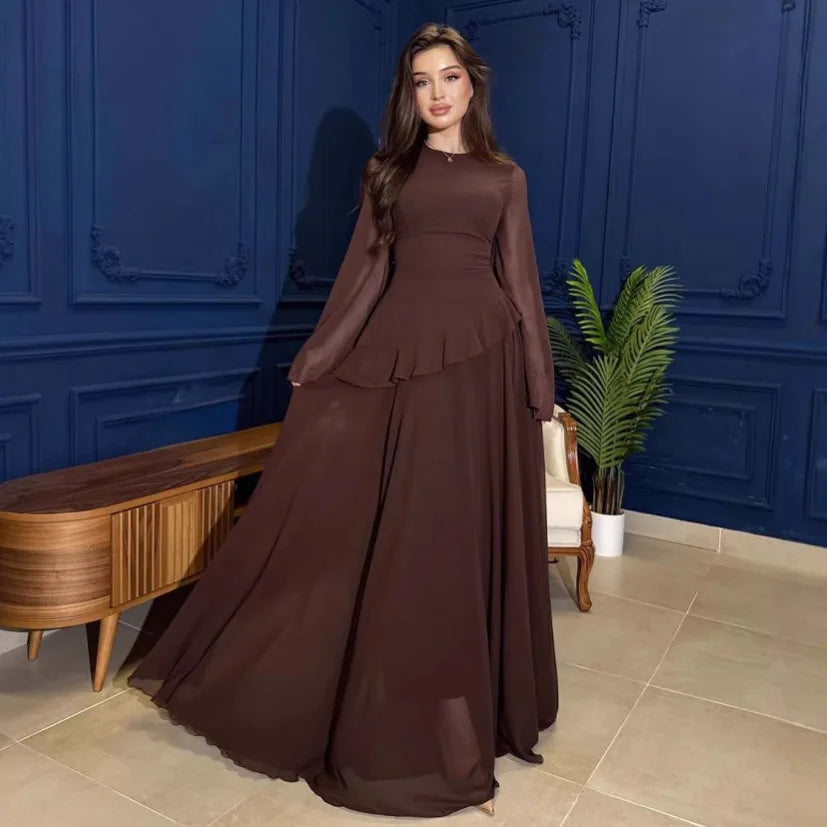 Fashion Flare Sleeve Ruff Long Dress Women Solid O-neck High Waist Slim Pleated Maxi Dresses 2025 Lady Summer Chic Party Robes