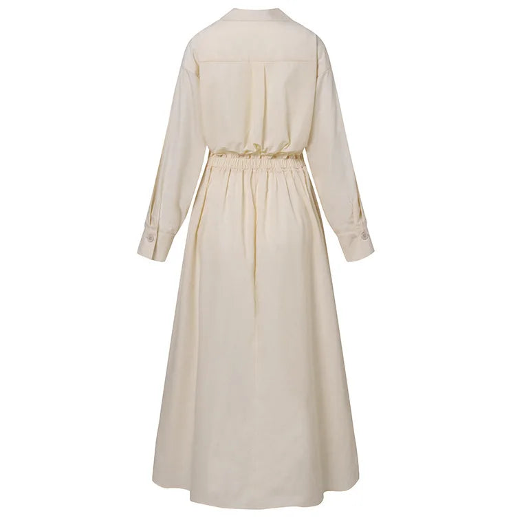 2026 Women's Oversized Elegant Cotton Linen Sundress Lapel Neck High Waist Long Sleeve Long Shirt Dress OL Vestidos Robe Femme