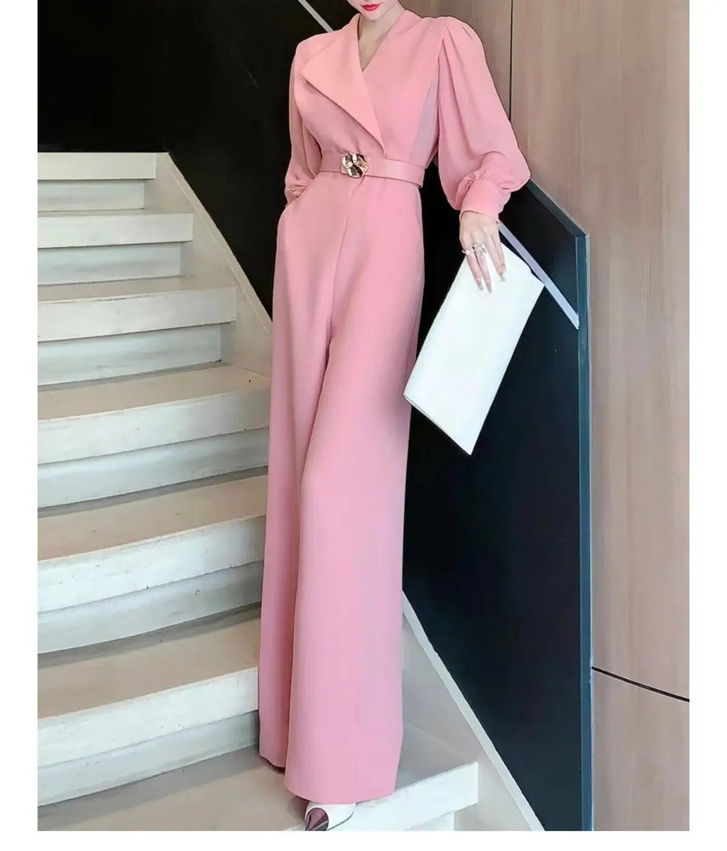 2025 New Spring Autumn Women Long Jumpsuits Fashion Elegant Office Lady Long Sleeve Wide Leg Pants Rompers