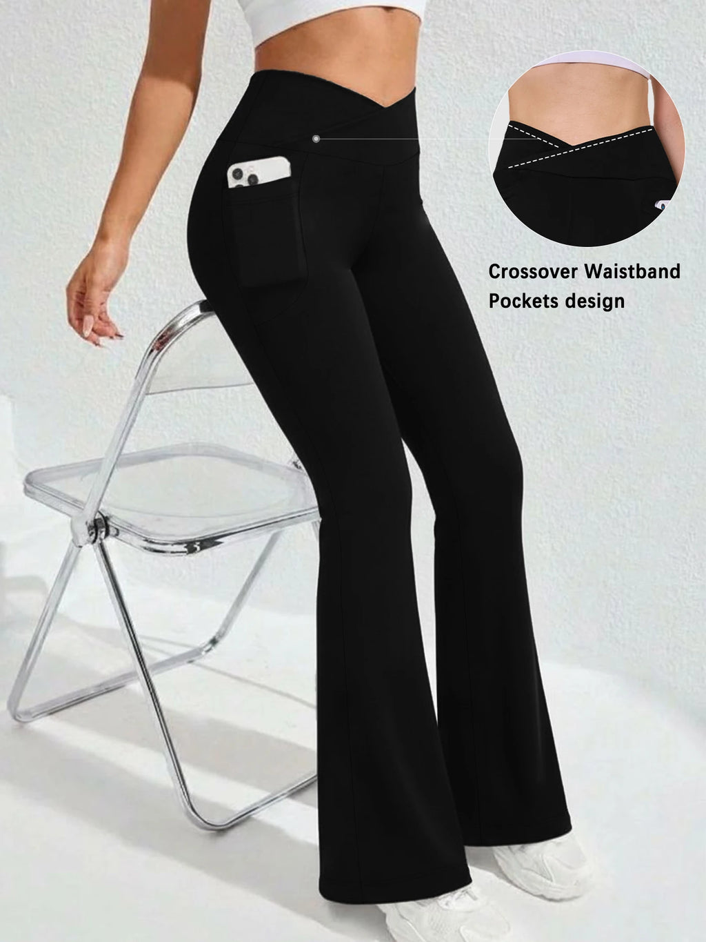 Women's Super Soft Crossover High Waisted Flare Legging With Pockets, Tummy Control Yoga Bootleg Bell Bottoms