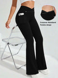 Women's Super Soft Crossover High Waisted Flare Legging With Pockets, Tummy Control Yoga Bootleg Bell Bottoms