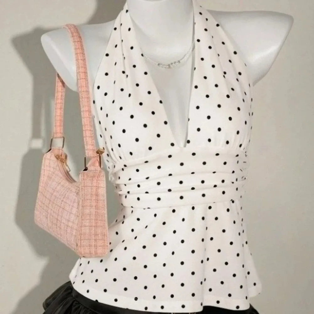 Fashion Sleeveless Women Crop Top Pleated Deep V Neck Halter Ruffle Vest Y2k Beach Wear Lace-up Dots Camisole Beach