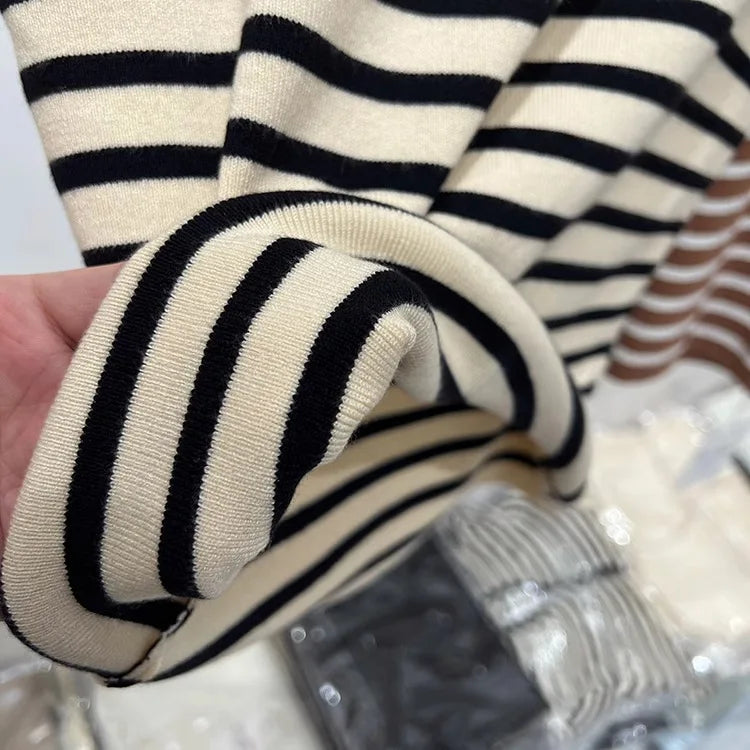 Half Turtleneck Pullover Striped Sweater Sweater Slim Fit Top Shirt Women's Early Spring and Autumn Short Sleeve Bottoming Shirt