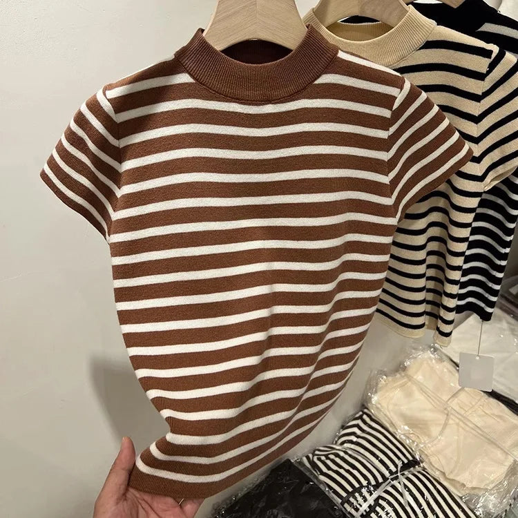 Half Turtleneck Pullover Striped Sweater Sweater Slim Fit Top Shirt Women's Early Spring and Autumn Short Sleeve Bottoming Shirt