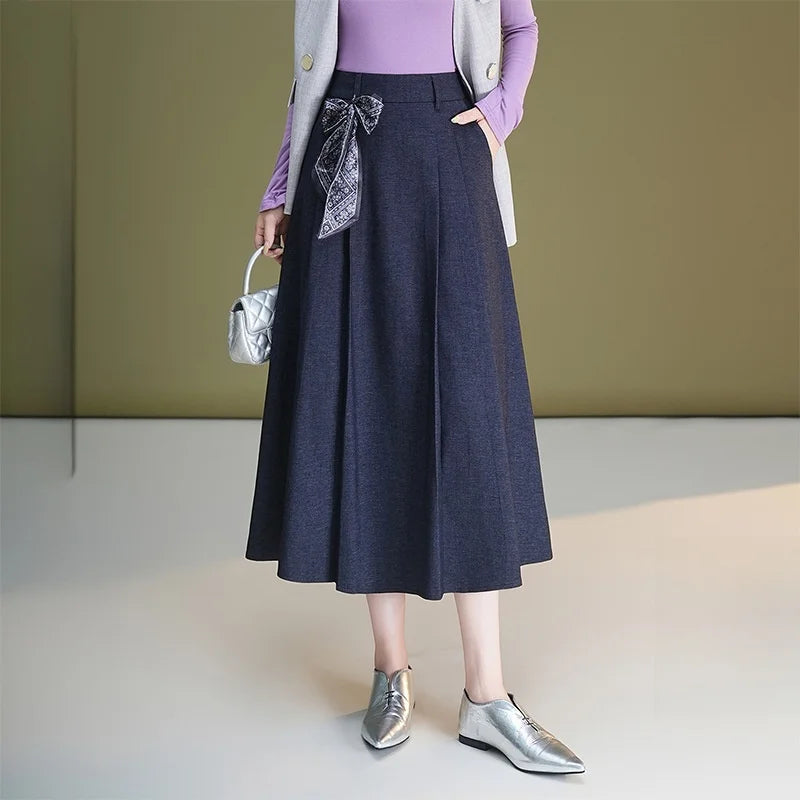 Fashionable Patchwork Pleated Skirt Women's Casual High Quality A- Line Midi Skirt Autumn New Style Polyester Blend Skirt