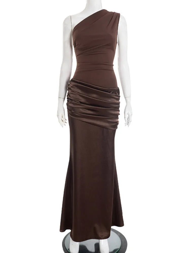Blifanbo Stain Oblique Shoulder Sexy Maxi Dress Women Gown Ruched Sleeveless Fashion High Waist Club Party Evening Dress Elegant