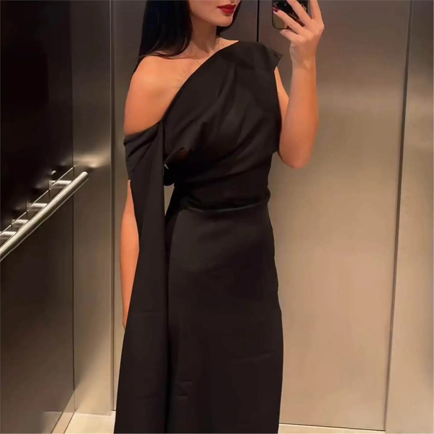 Elegant Long Dress Pure Color Asymmetrical Collar Shoulder Insert Sleeve Cross-Border Summer New Women's Fashion Dress