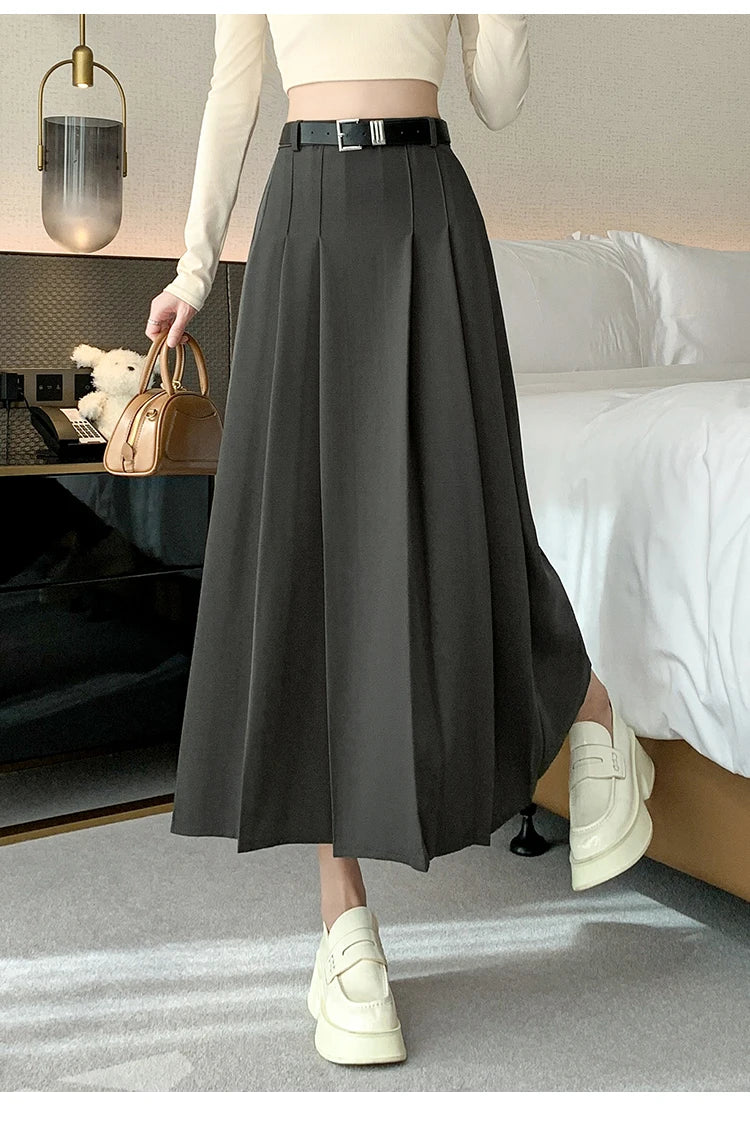 [EWQ] Elegant Solid Color Mid-Length All Match Skirt For Women 2026 Spring Summer Loose High Waist A-Line Pleated Skirts 16O9169