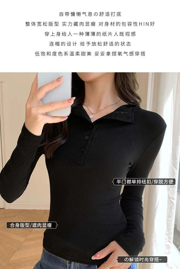 Half-buttoned Hooded Sweatshirt for Women Autumn Winter Striped Inner Layering Shirt Slim Long-sleeved Top T-shirt
