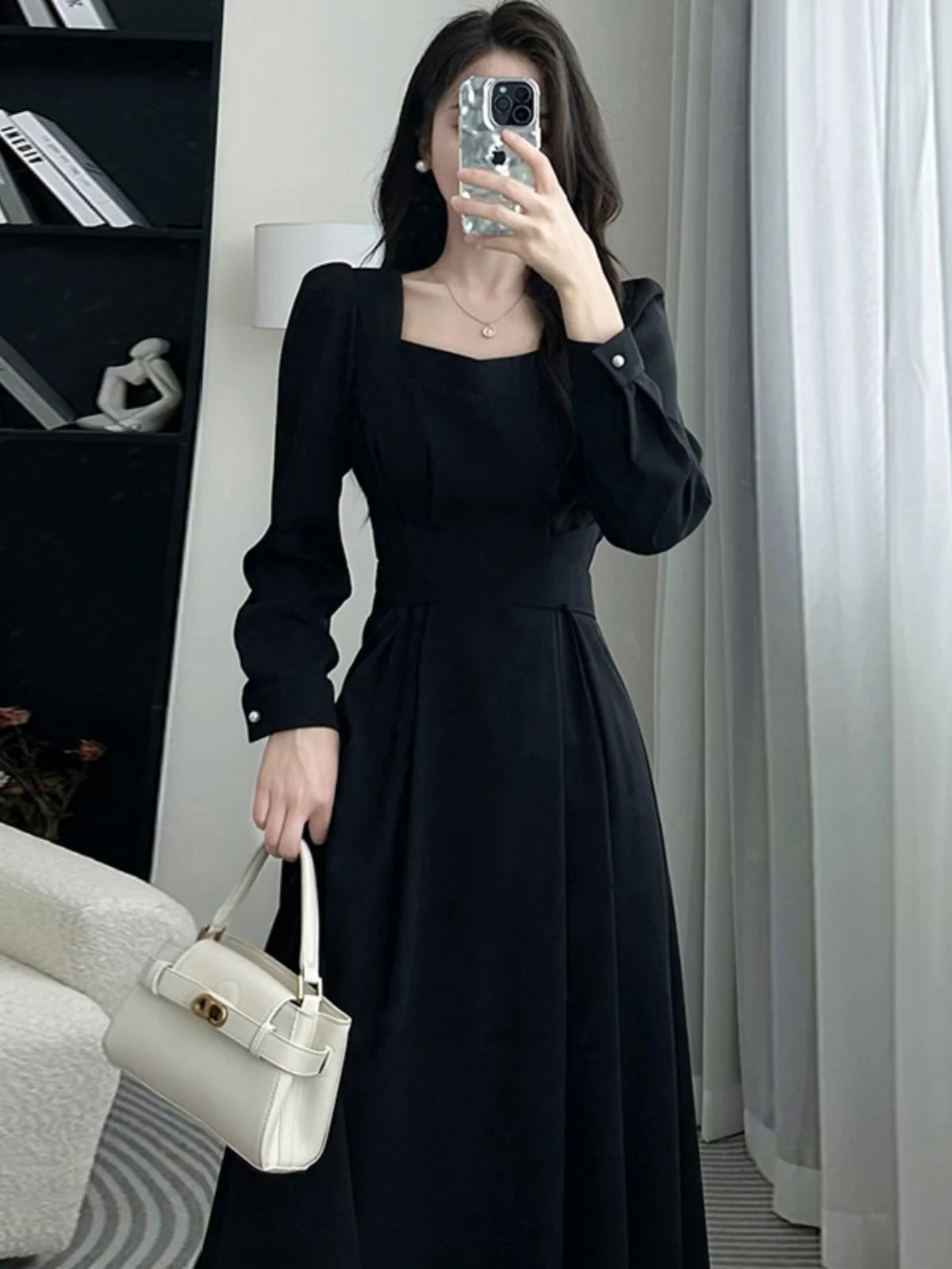Ele High Waist A-Line Dr Women's Long Sve Square Collar Slimming Formal Ocn Dr Spring Collection