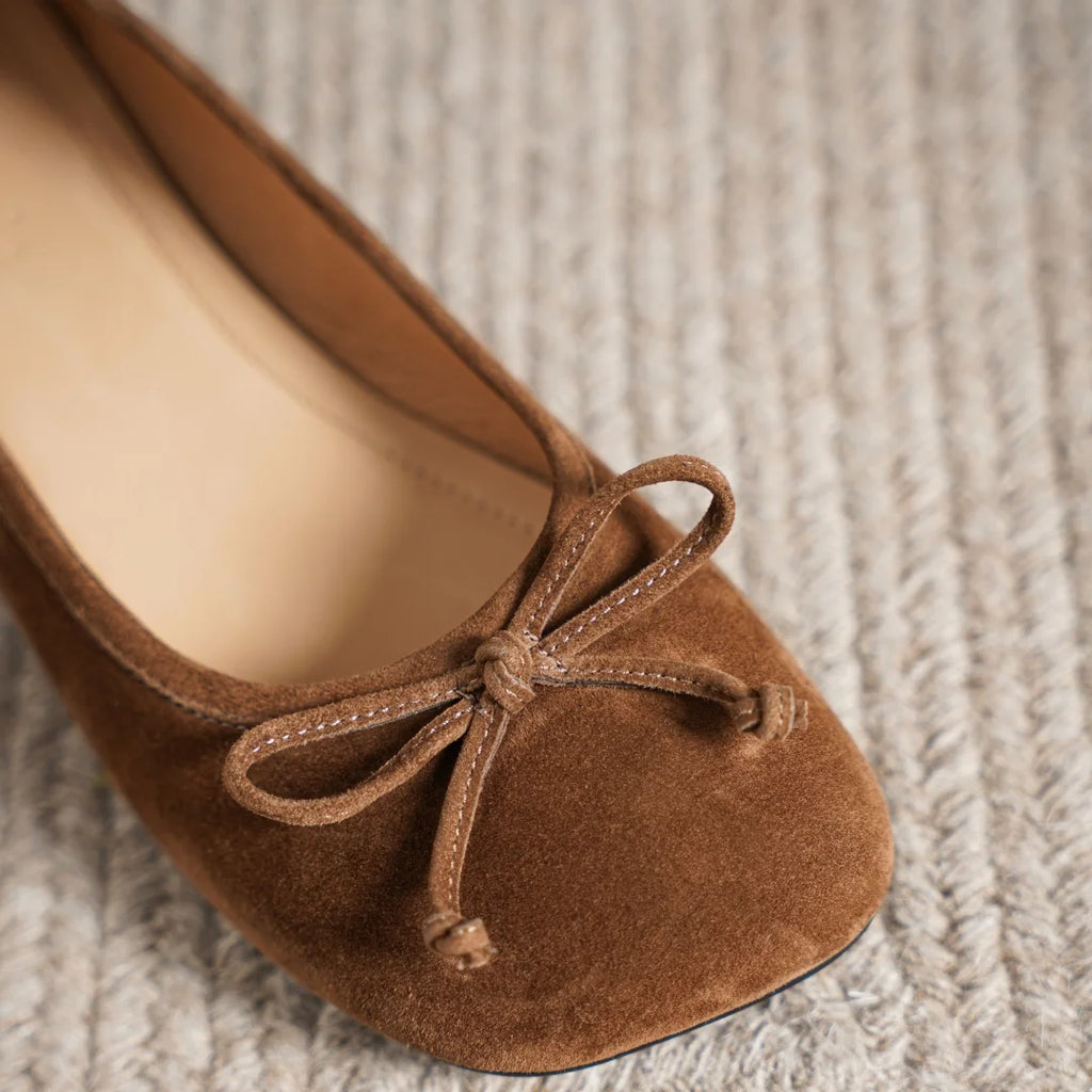 Women's natural suede leather square toe slip-on flats 3cm round low heel sweet bowtie casual female four season shoes for woman