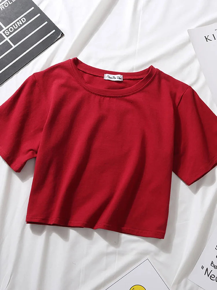 2023 Summer Short Sleeve T Shirts Women Cotton Solid T-shirt O Neck High Waist Crop Top Tee Female Casual Loose T Shirt