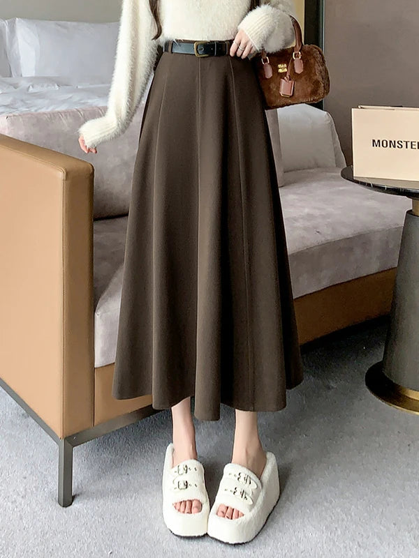 Elegant High Waist A-Line Midi Skirt Women's Fashion Slimming Skirts Autumn Winter New Style Loose Flared Mid-Length Skirts