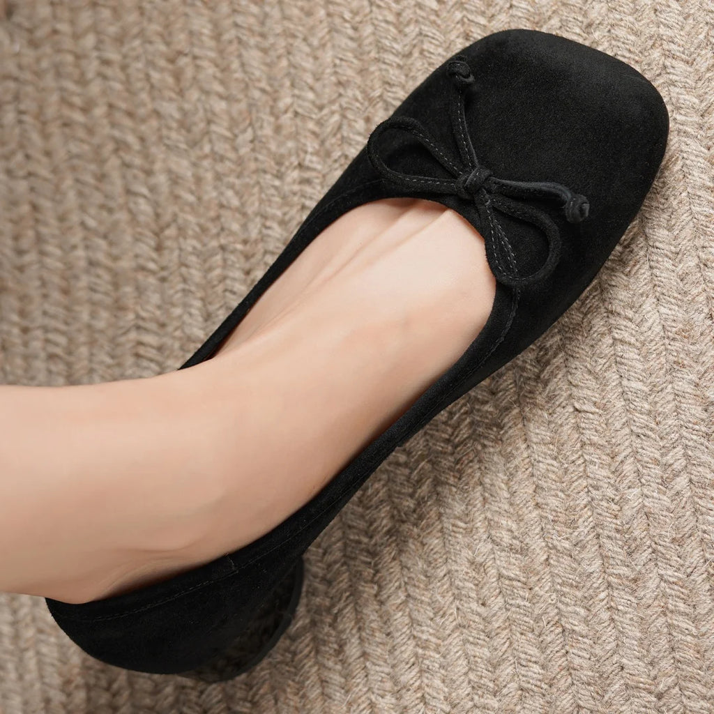 Women's natural suede leather square toe slip-on flats 3cm round low heel sweet bowtie casual female four season shoes for woman