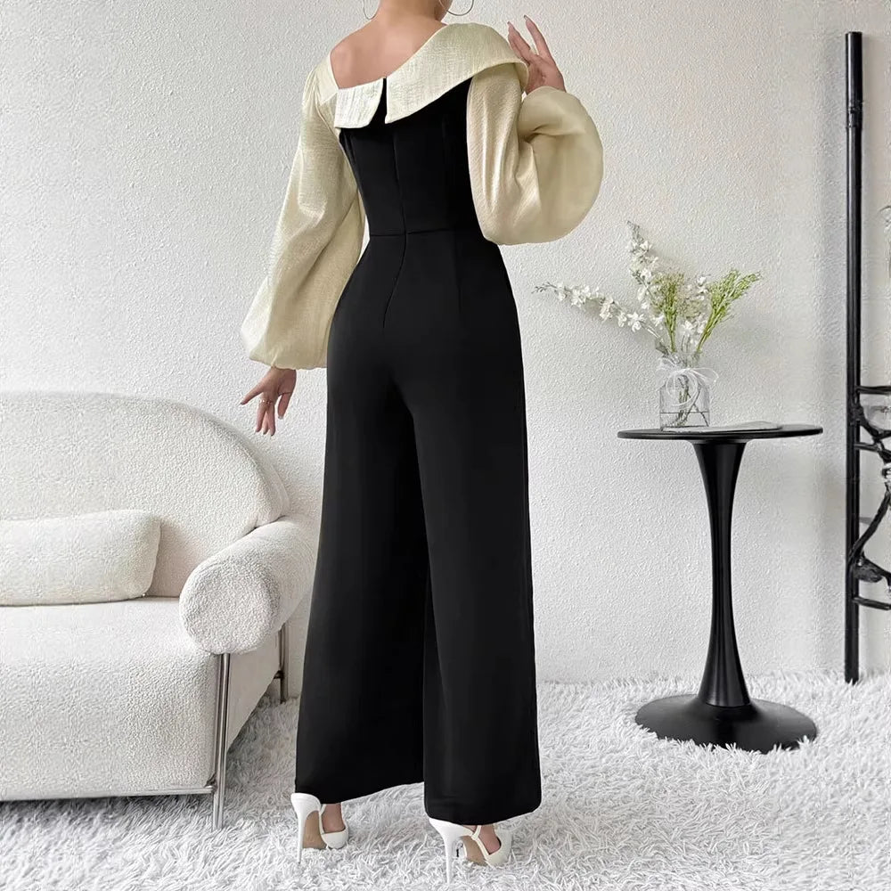 Elegant Long Sleeve Jumpsuit for Women Casual High Waist Wide Leg Pants Fashionable plus Size Polyester Fabric Spring Autumn