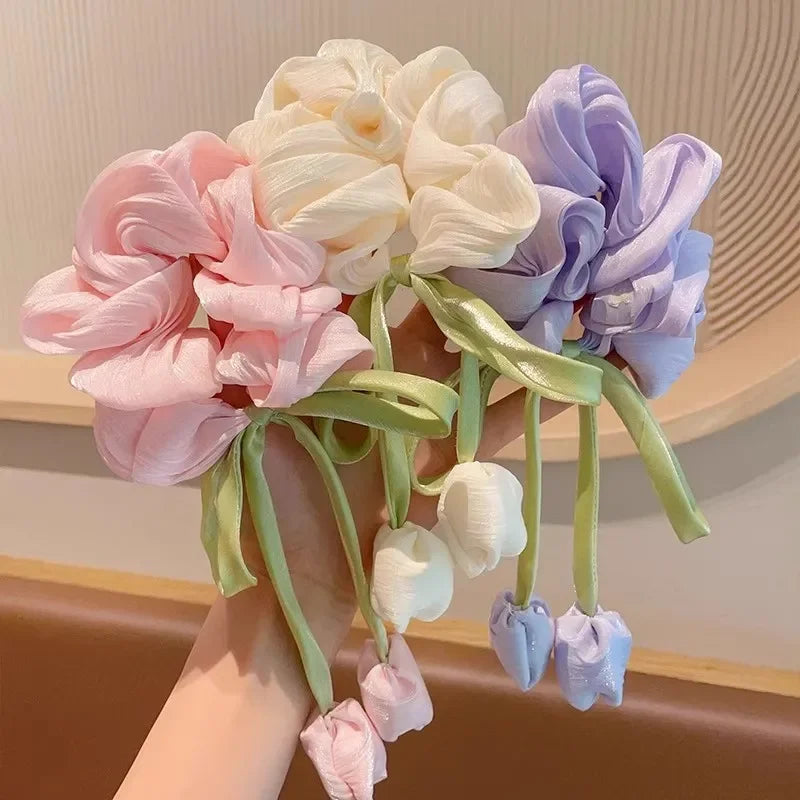 Sweet Girl Wind Mesh Strap Tulip Large Intestine Hair Hoop Handmade Butterfly Knot Rope Tie Ponytail Knot Hair Accessories