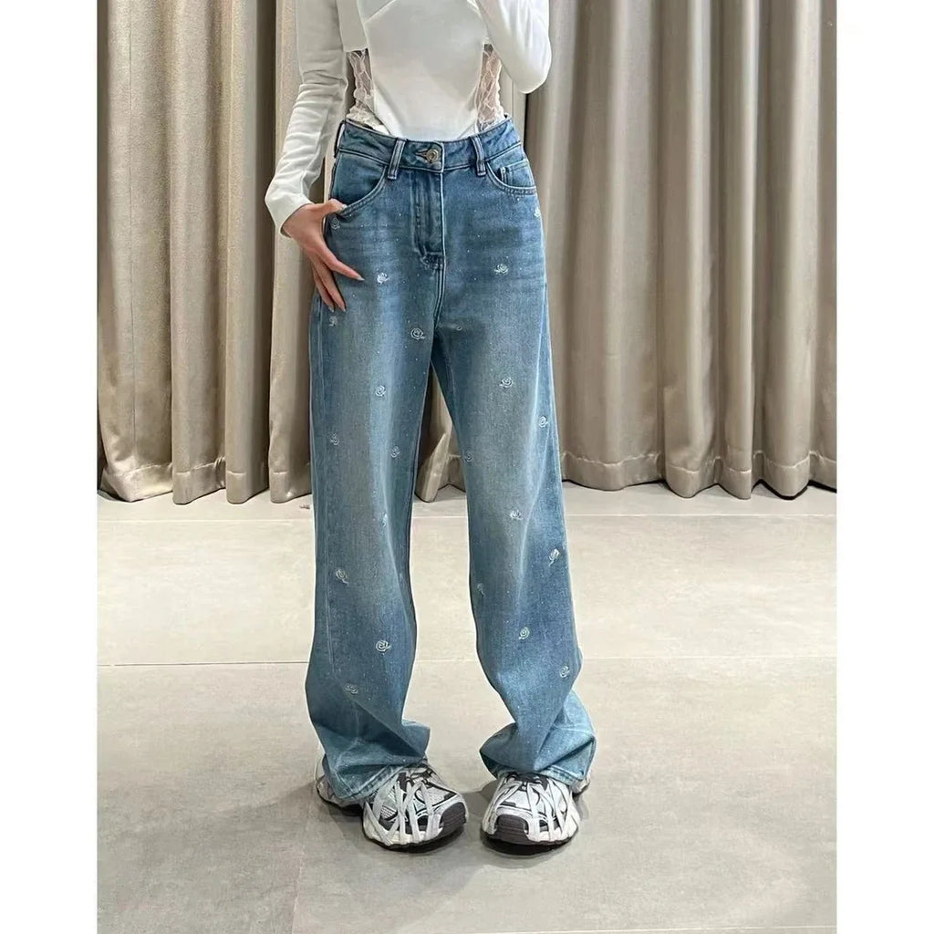 Spring 2025 High Waist Loose Fit Glitter Embroidered Floral Denim Pants Women's Wide Leg Jeans Stylish Casual High Waist