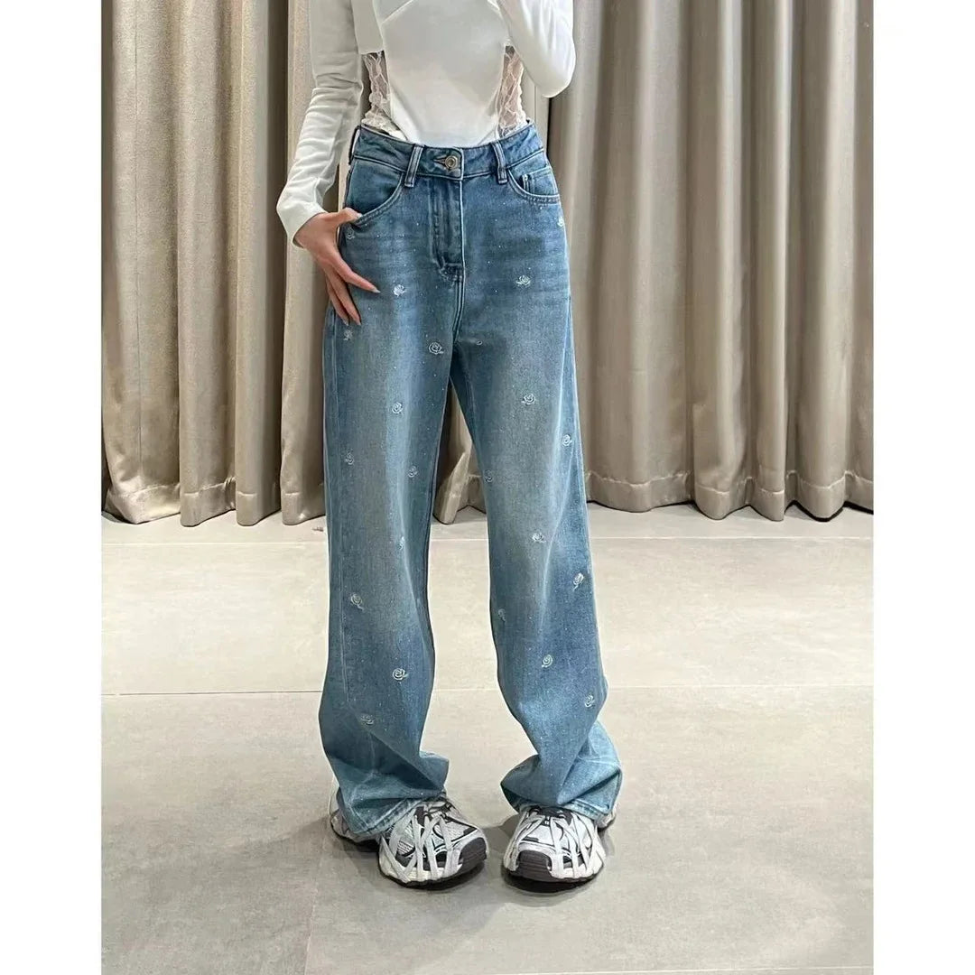 Spring 2025 High Waist Loose Fit Glitter Embroidered Floral Denim Pants Women's Wide Leg Jeans Stylish Casual High Waist