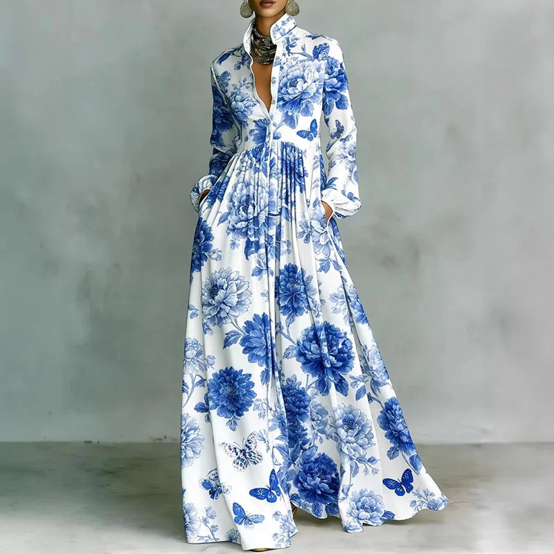 Women's Stand Collar Button Shirt Maxi Dresses Spring Casual High Waist Pocket Hem Long Dress Chic Floral Print Boho Party Dress