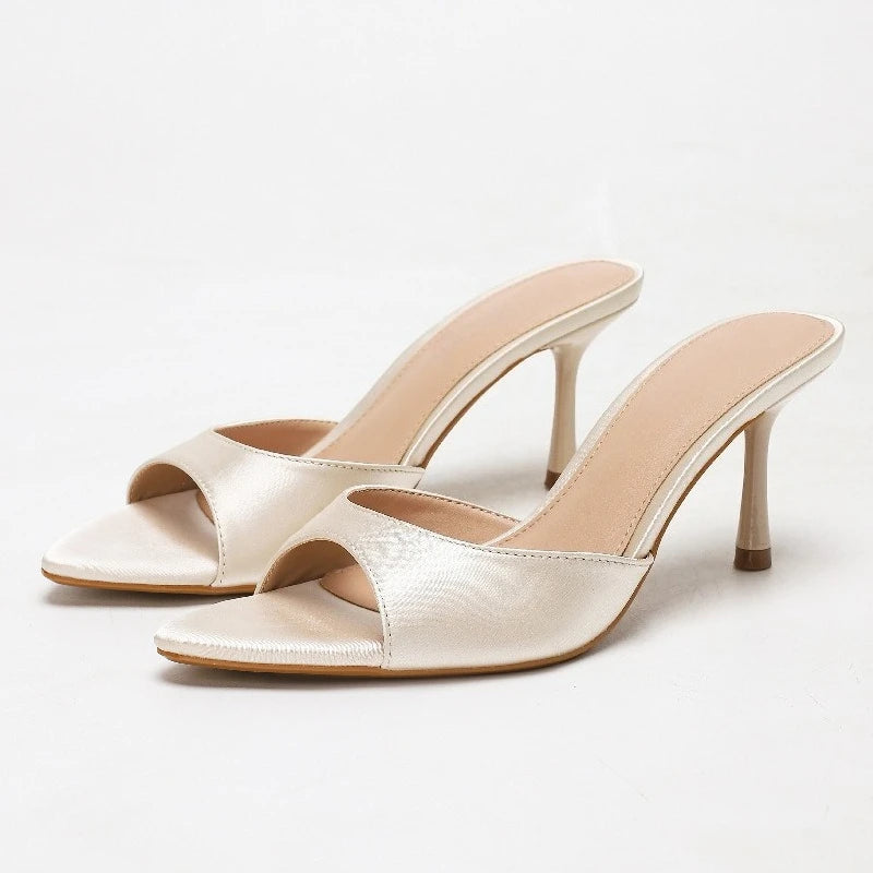 2026 New Arrival Women's Satin Mule Shoes High Heel Stiletto Slip On Sandals Fashion Elegant Party Wedding Shoes Champagne Beige