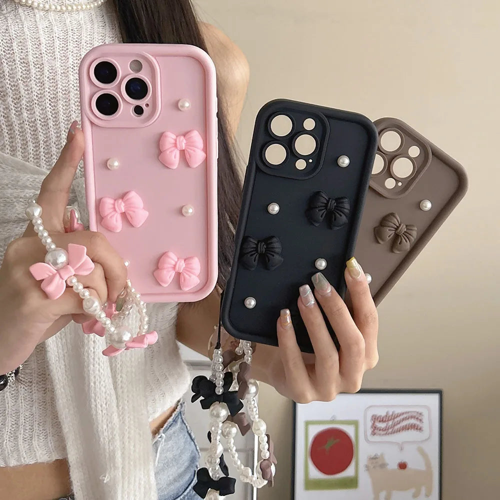 Pearl Bow Chain Phone Case For Redmi Note 14 13 12 11 10 9 8 Pro Plus 11s 13C 12C Women Silicone Back Cover