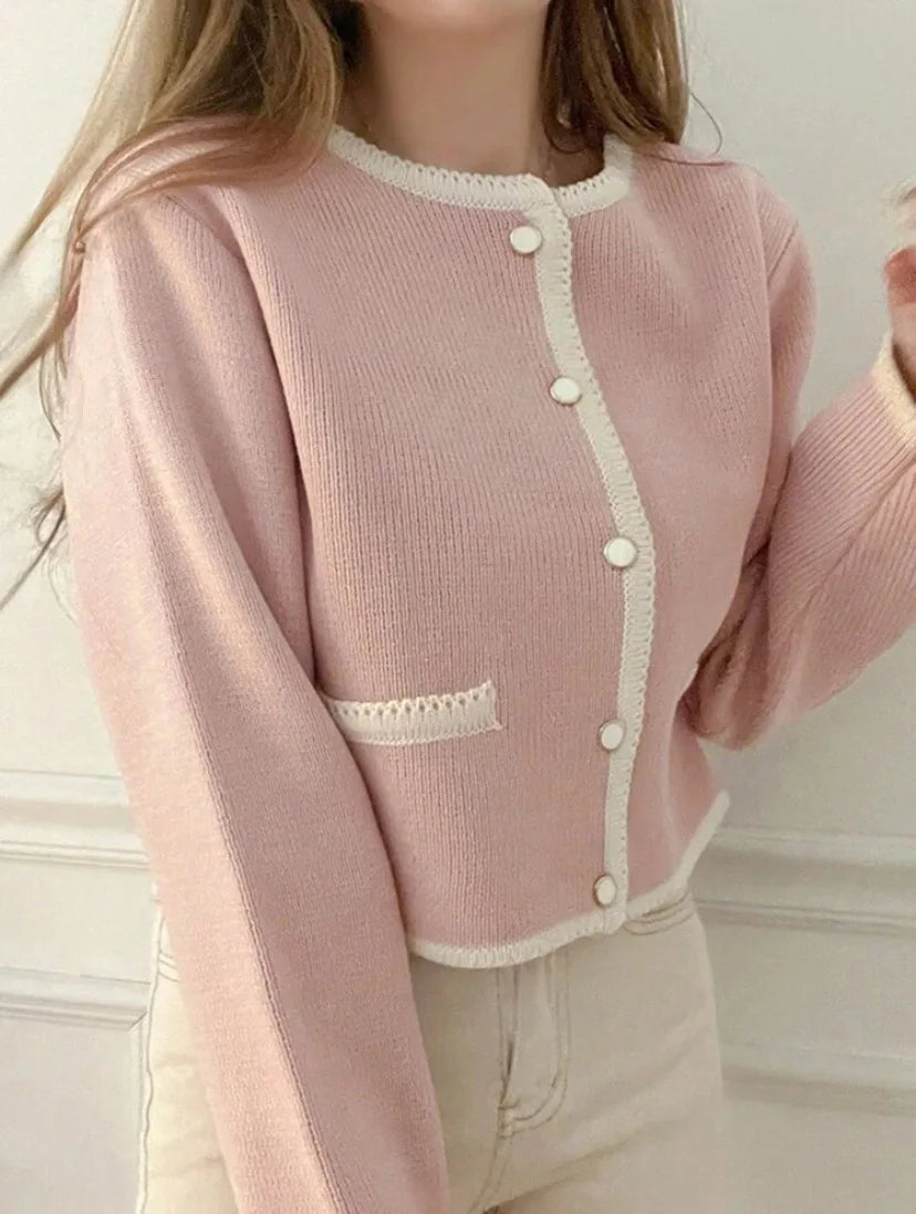 Chic Contrast Color Round Neck Single Button Knit Cardigan Sweater