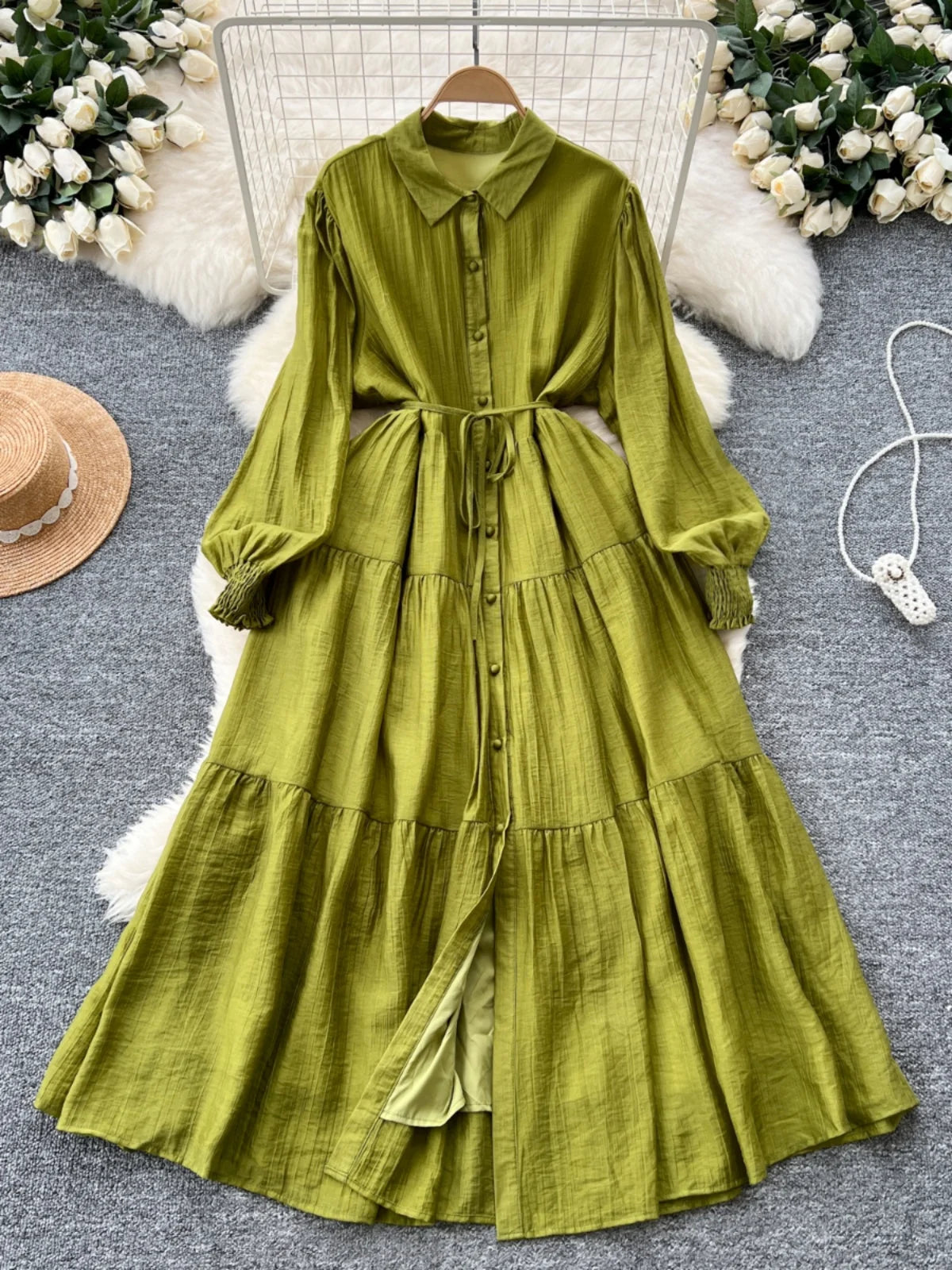 Chic Vintage Casual Long Sve irt Dr Women Loose Waist Cinched Faionable Long Skirt Korean Sle High Waist A-Line