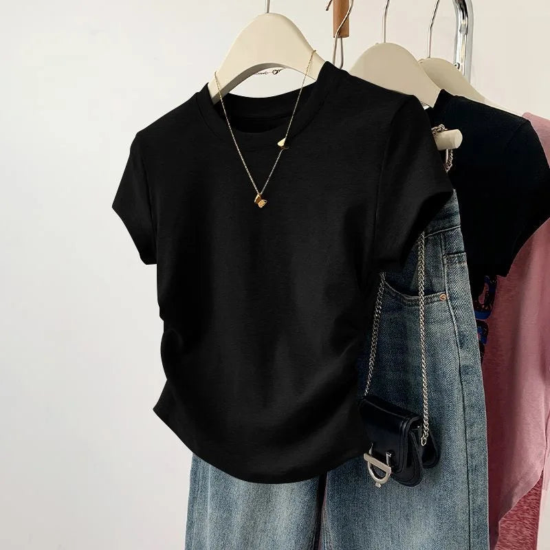 Summer Women's Threaded Waist Cinched U-shaped Hem Slim Irregular Short Sleeved Top for Women Clothing  Tops