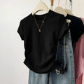 Summer Women's Threaded Waist Cinched U-shaped Hem Slim Irregular Short Sleeved Top for Women Clothing  Tops