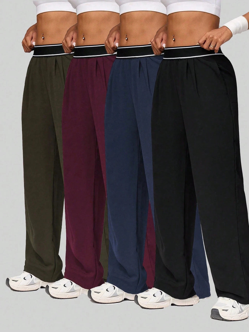 Women's High Waist Wide Leg Pants, Striped Waistband Loose Fit Casual Trousers, Lightweight Breathable Workout Joggers