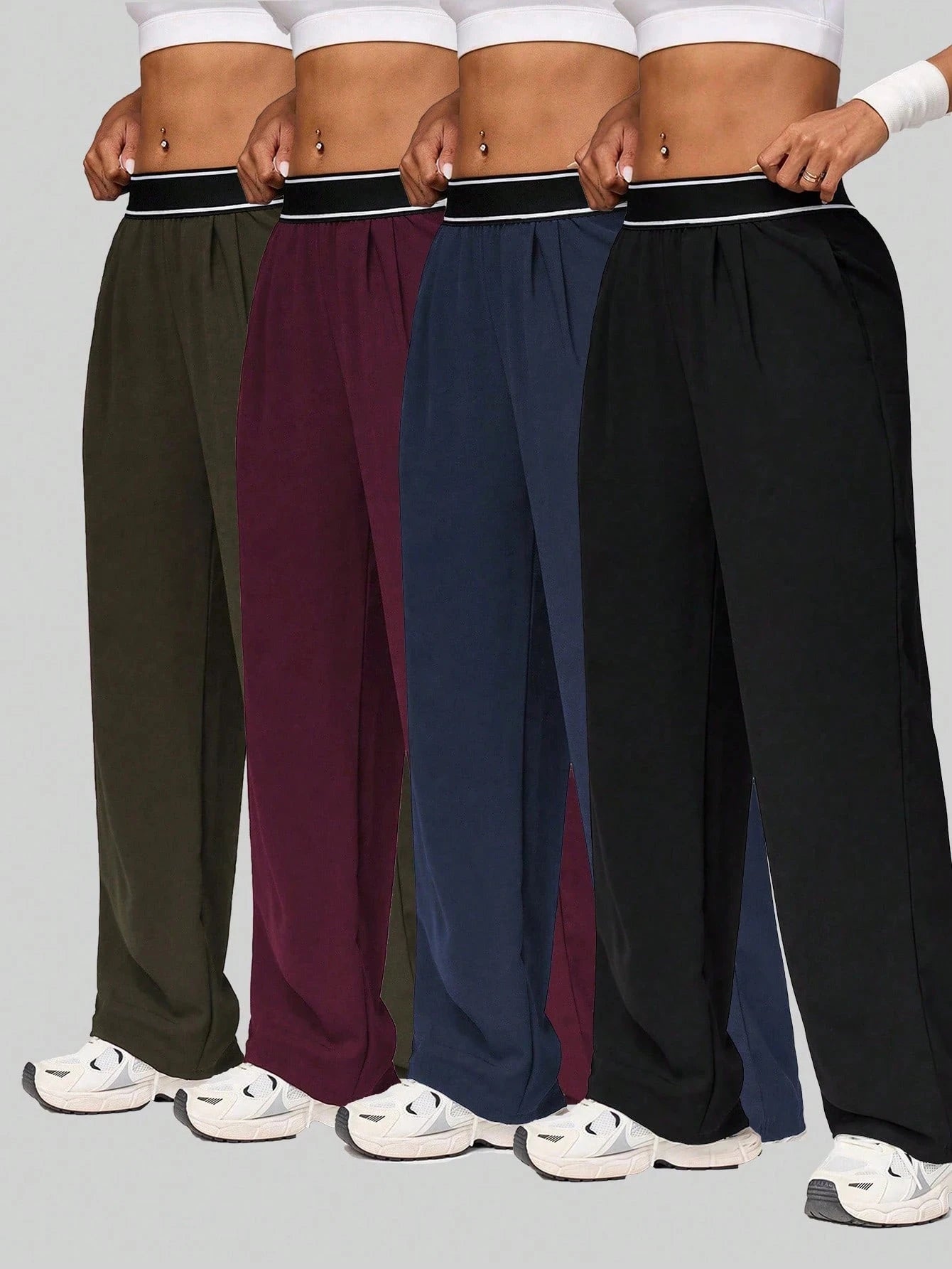 Women's High Waist Wide Leg Pants, Striped Waistband Loose Fit Casual Trousers, Lightweight Breathable Workout Joggers