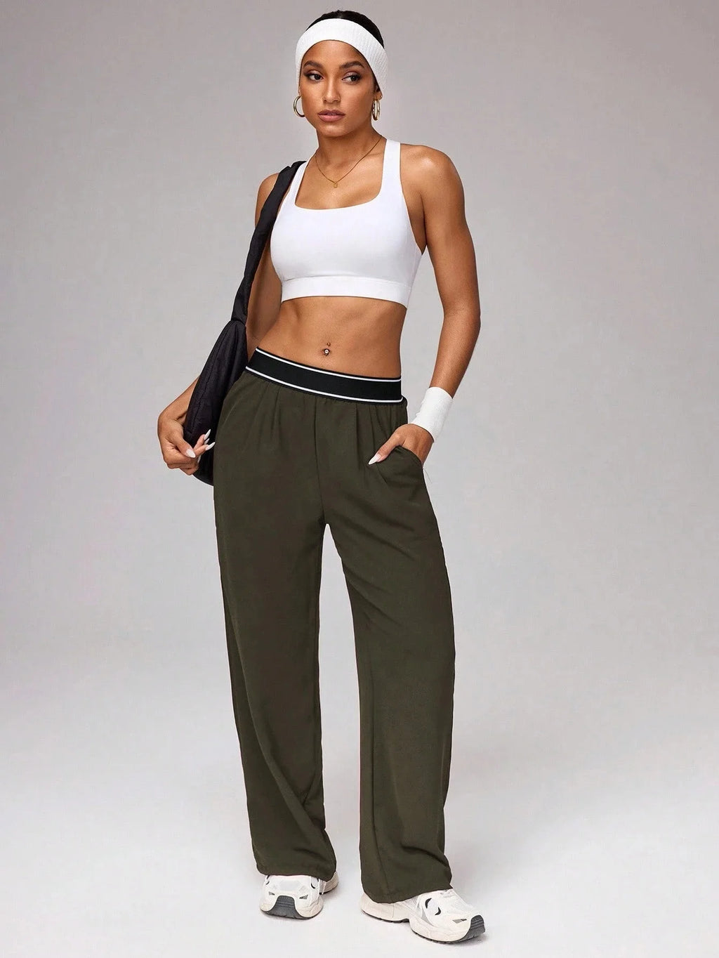 Women's High Waist Wide Leg Pants, Striped Waistband Loose Fit Casual Trousers, Lightweight Breathable Workout Joggers