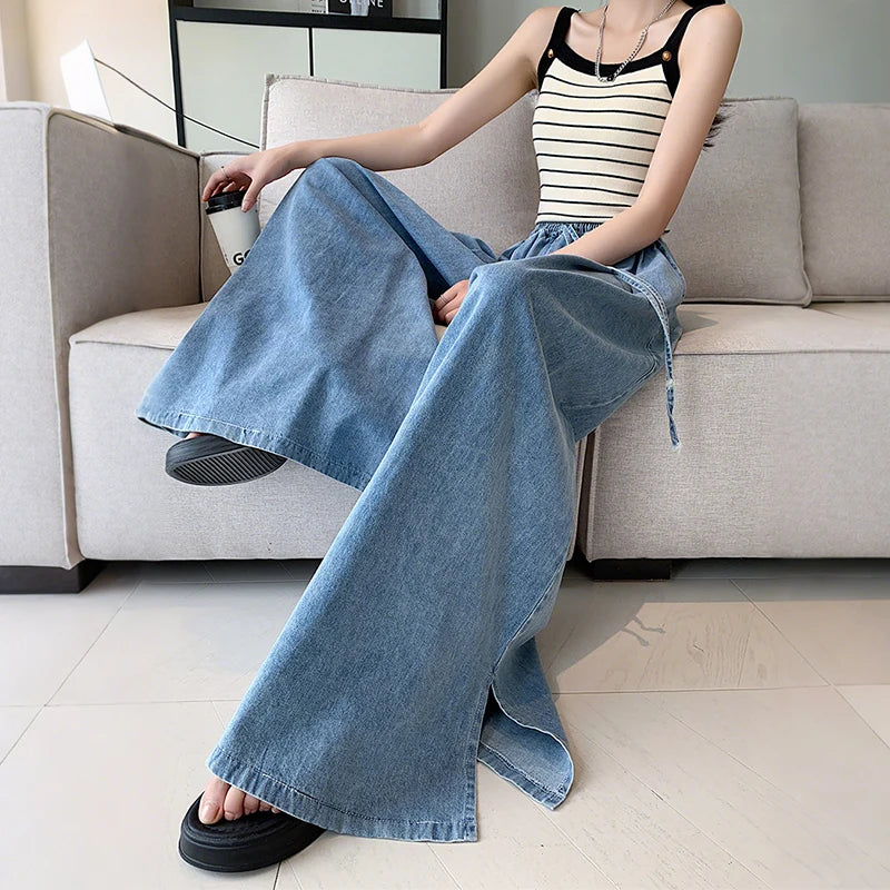 Spring NEW Elastic Waist Loose-Fit Plus Size Women's Jeans Slimming Wide-Leg Ground-Length Simple Culottes Casual Pants