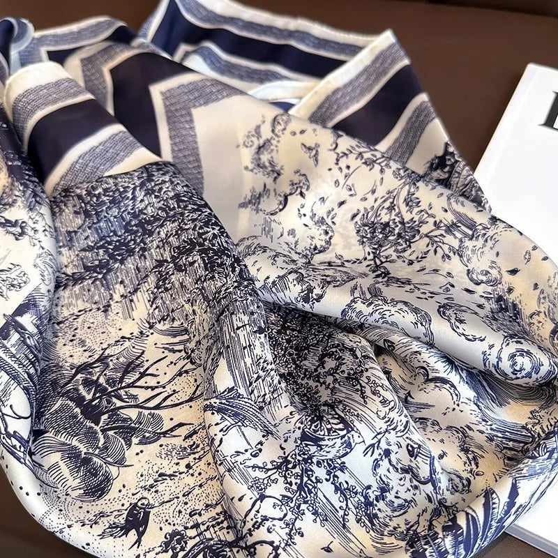 1pcs 70cm Plant-printed Scarf Women Simulated Silk Elegant and Versatile Headwear Bag Clothing and Accessories Square Scarf