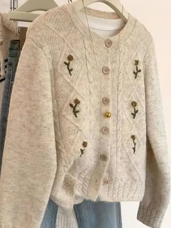 Korean Style Embroidered Knitwear Long Sleeve round Neck Women's Outerwear Spring Autumn New Style Thickened Cardigan Top