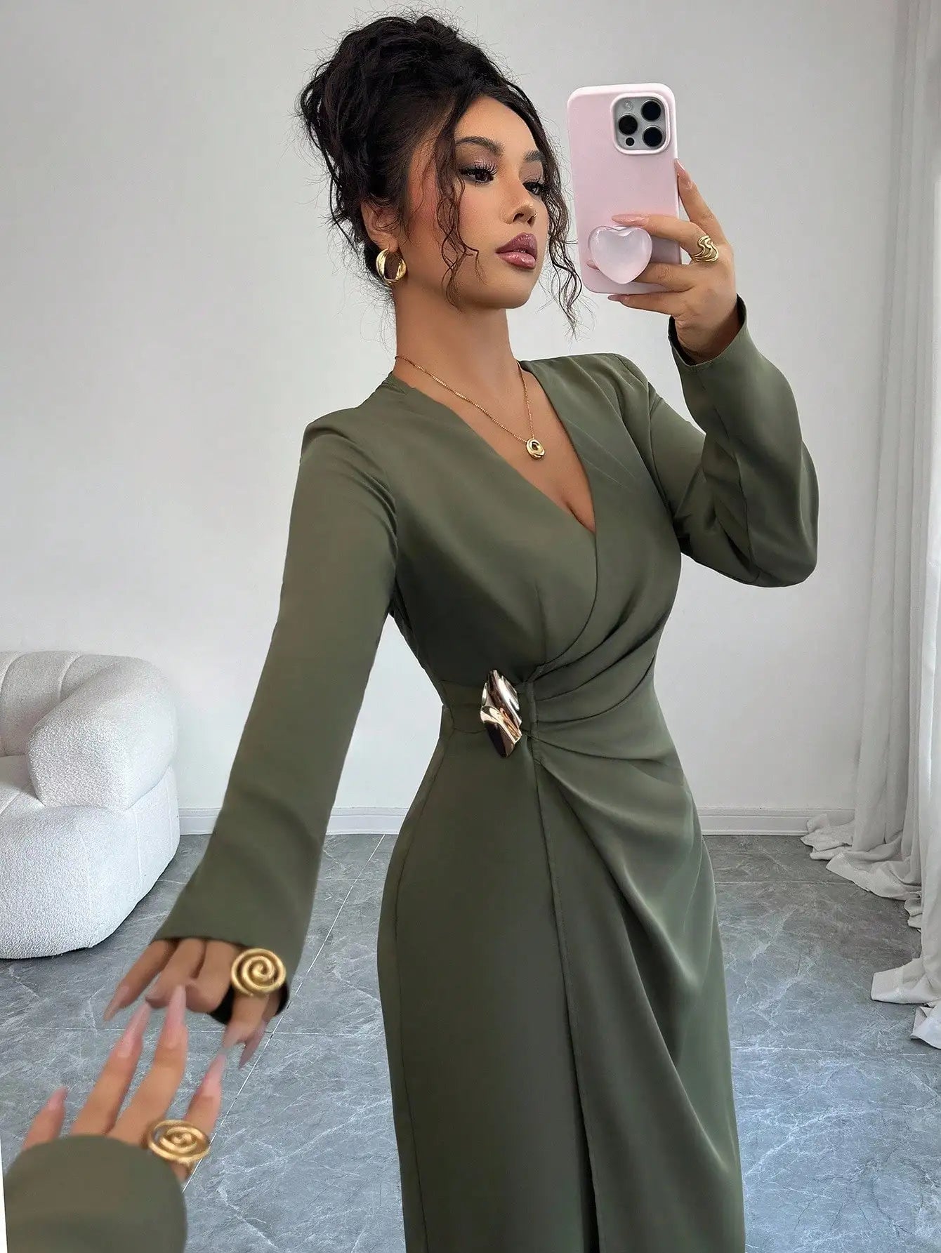 Woman Elegant Wrap V Neck Maxi Dress Ruched Waist High Slit Long Sleeve Gown Sophisticated Mature Style Outfit for Formal Events