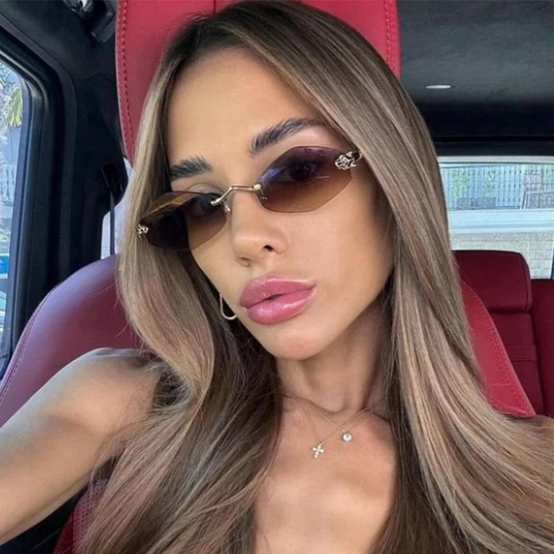 Fashion Rimless Polygonal Sunglasses women Trendy Gradient Lens Metal Shades Luxury Brand Small Rhombus Vintage Sun Glasses