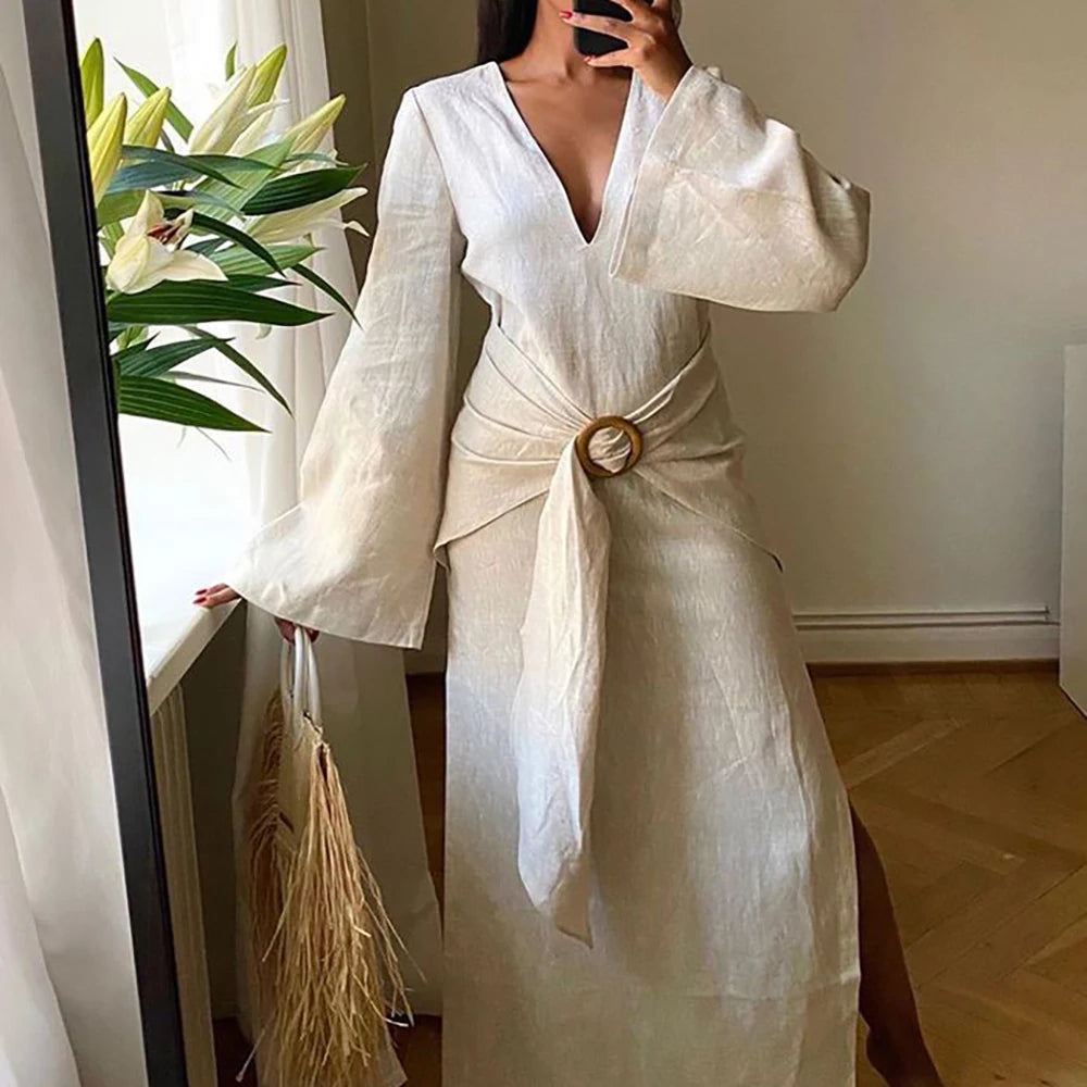 Boho Chic Linen Women Maxi Prom Dress Long Sleeves V-Neck with Side Slits Beach Resort Simple Wear Party Evening Guest Gown
