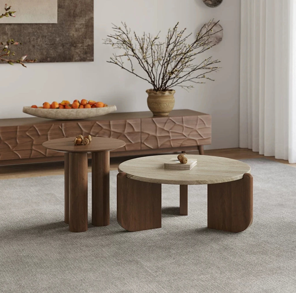 Wabi Sansan Solid Wood Travertine Coffee Table Household Coffee Table Living Room Minimalist Round Natural Travertine Rock Slate