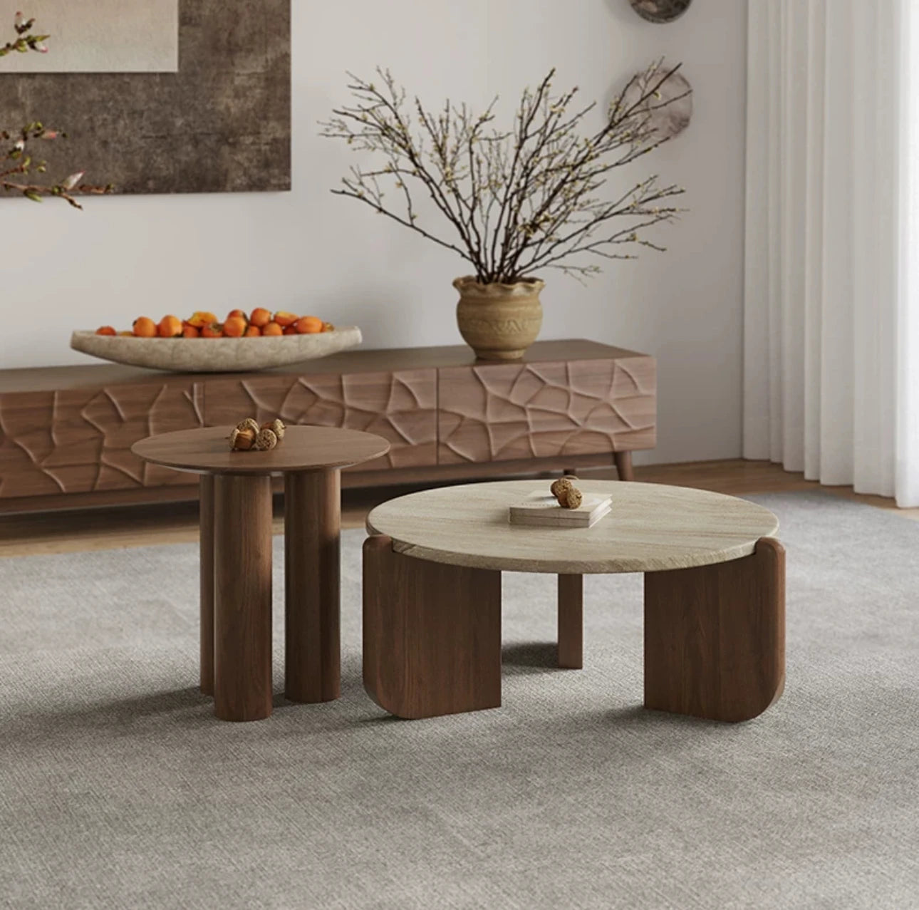 Wabi Sansan Solid Wood Travertine Coffee Table Household Coffee Table Living Room Minimalist Round Natural Travertine Rock Slate